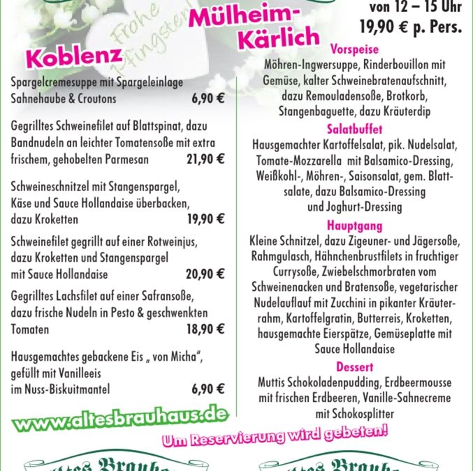 Gemütliches Mittagsbuffet an Pfingsten in Koblenz und Mülheim-Kärlich